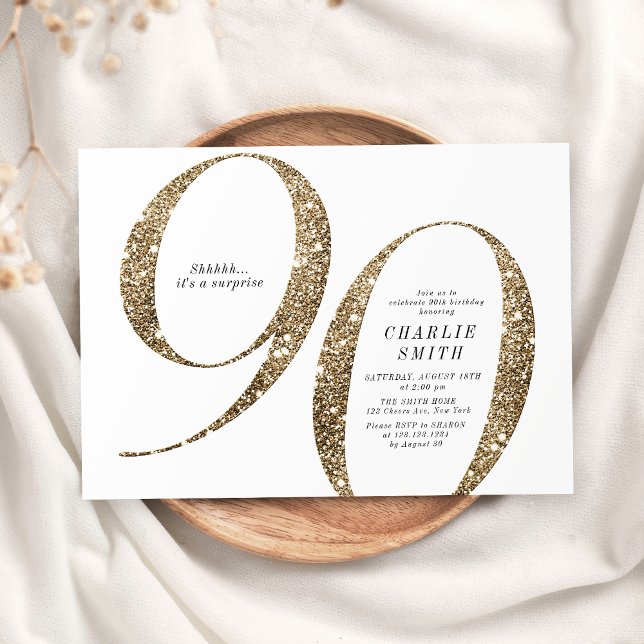 Convite Aniversário moderno minimalista de ouro brilhante  (Modern minimalist faux gold glitter 90th birthday invitation)
