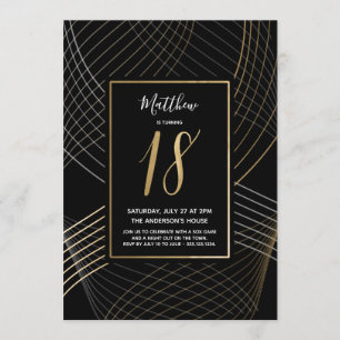 Convite Aniversário Moderno Negro, Branco e Dourado