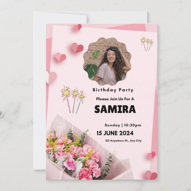 Convite Aniversário Moderno Rosa Floral (Frente)