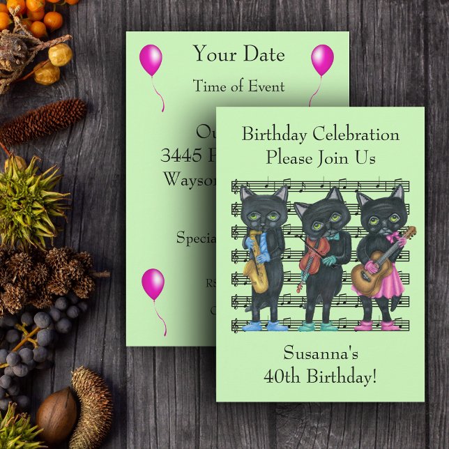 Convite Aniversário Musical Black Cats Sheet Music Green (Three black Cat musicians playing instruments sheet music on light green Birthday party invitations.)