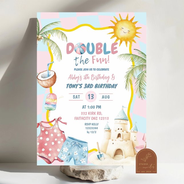 Convite Aniversário na Praia com Irmãos Pastel Groovy Rosa (Criador carregado)