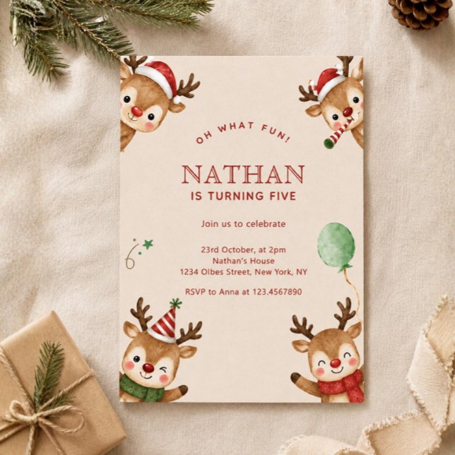 Convite Aniversário Natalino Floresta de Inverno dos Renas (reindeer invitation, holiday birthday, winter wonderland, christmas kids party, festive birthday, d)