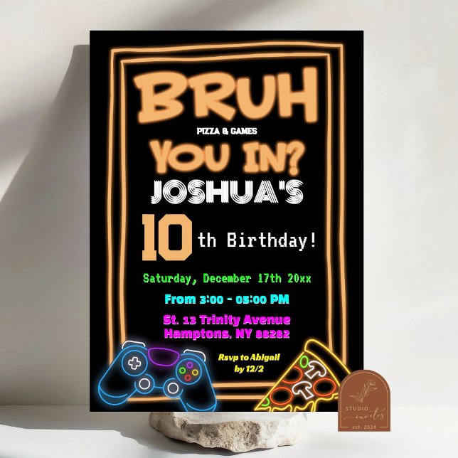 Convite Aniversário Neon Bruh Em Você Pizza e Jogos (Criador carregado)