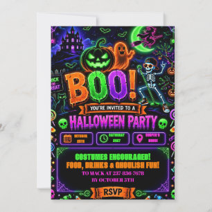 Convite Aniversário Neon de Halloween Editável