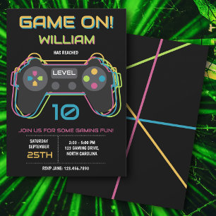 Convite Aniversário Neon de Jogo de Vídeo de Adolescente