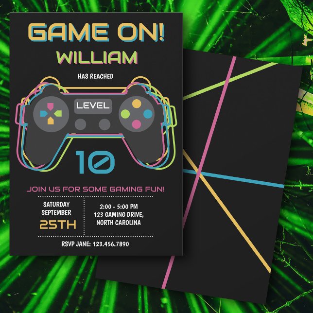 Convite Aniversário Neon de Jogo de Vídeo de Adolescente (Teen Gaming Gamer Video Game Player Neon Birthday Invitation)