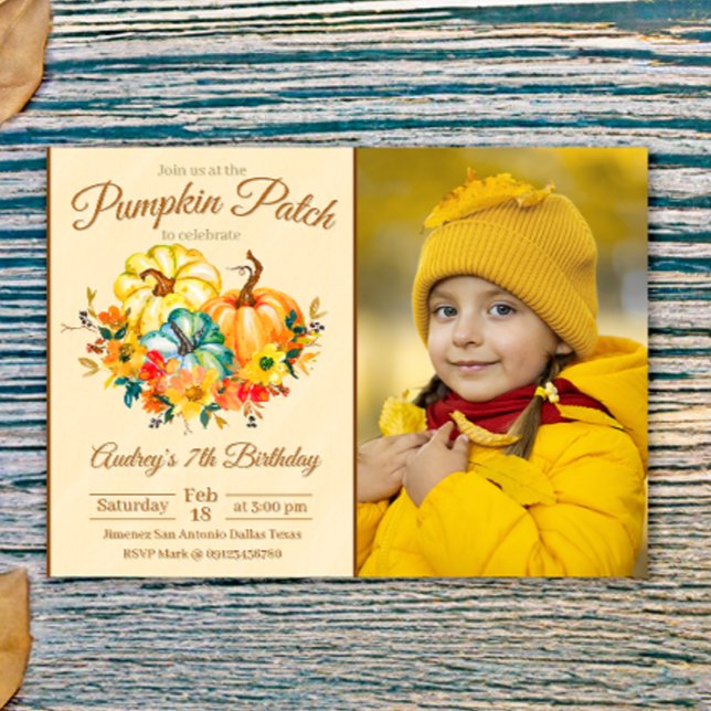 Convite Aniversário no Campo de Abóbora com Foto (Pumpkin Patch Birthday with Photo Picture Landscape Invitation)