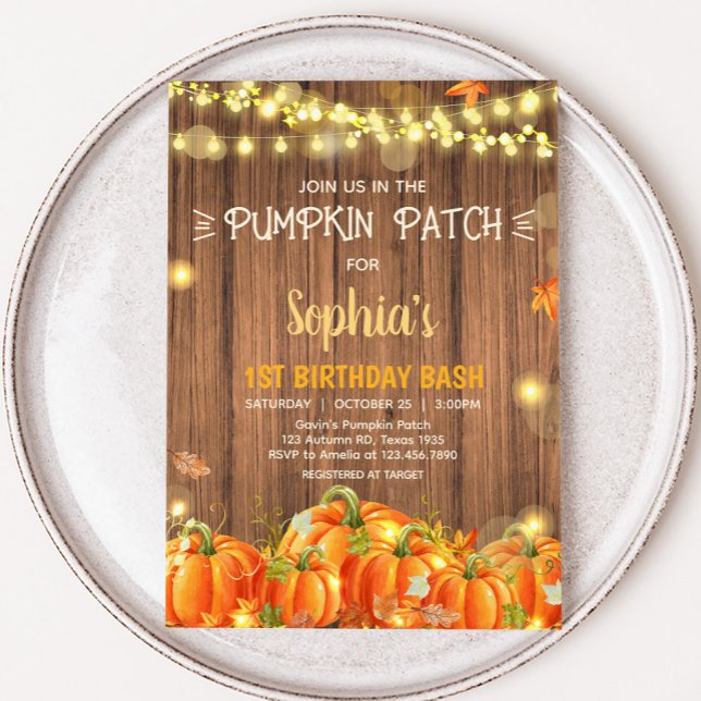 Convite Aniversário no Pomar de Abóbora Outono Rústico (Autumn Rustic Pumpkin Patch String Lights Birthday Invitation)