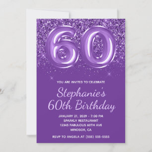Convite Aniversário Número 60 Roxo Real Brilhante e Espelh