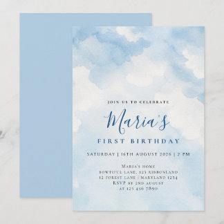 Convite Aniversário Nuvem Azul Suave Aquarela Personalizad
