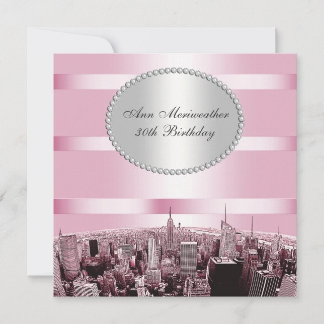 Convite Aniversário NYC Etched Skyline 2A Rosa Preto (Frente)