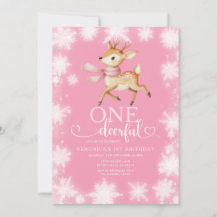 Convite Aniversário Onedeerful de Inverno Rosa com Flocos