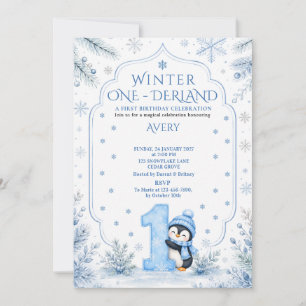 Convite Aniversário ONEderland de Inverno Azul Pingüim Flo