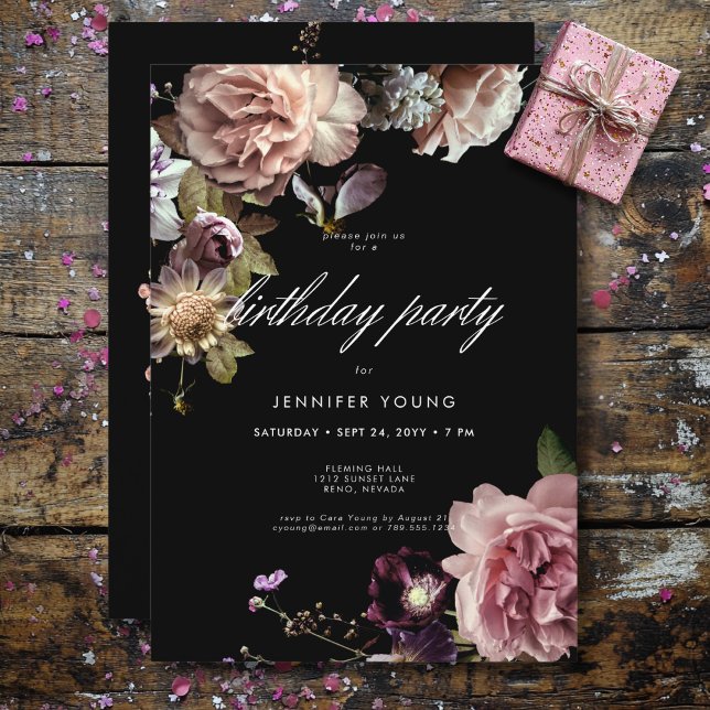 Convite Aniversário Opulente Preto Floral Opulente de Past (Dark Moody Pastel Opulent Floral Black Birthday Invitation)