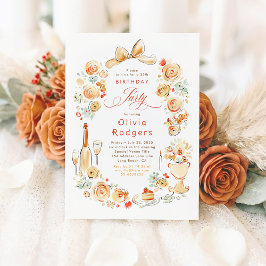 Convite Aniversário Outonal Caprichoso com Flores Desenhad