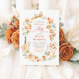 Convite Aniversário Outonal Caprichoso com Flores Desenhad