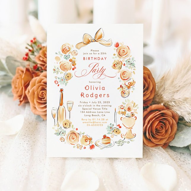 Convite Aniversário Outonal Caprichoso com Flores Desenhad (Terracotta Whimsical Hand-illustrated Fall Birthday Invitations)