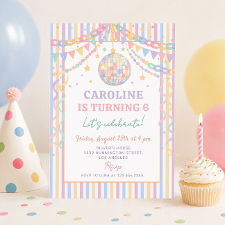 Convite Aniversário Pastel Retro Caprichoso Disco Grinalda