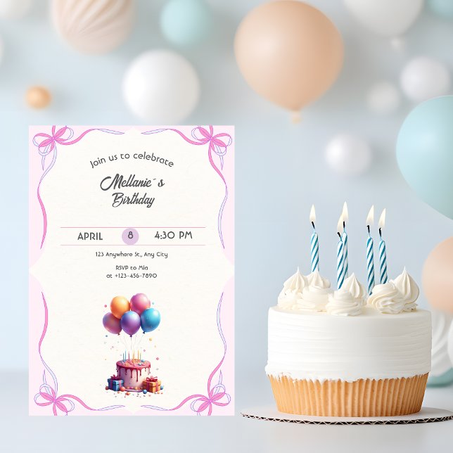 Convite Aniversário Pastel Rosa Elegante (Criador carregado)