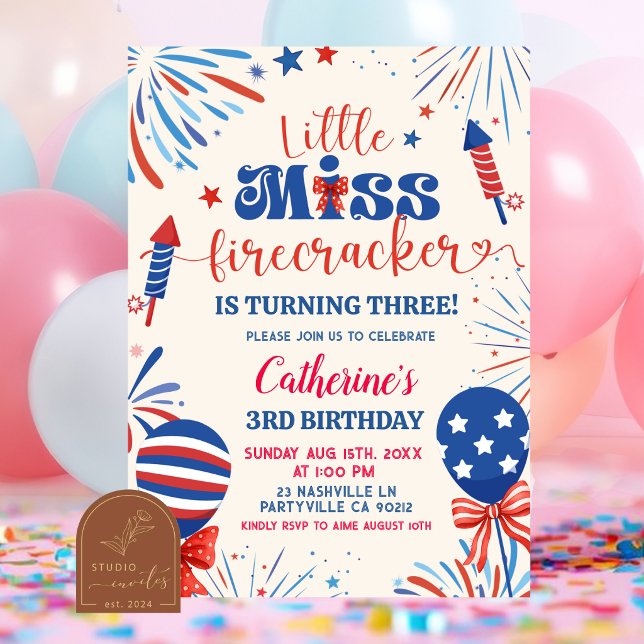 Convite Aniversário Patriótico Little Miss Firecracker (Criador carregado)