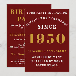 Convite Aniversário Personalizado 1950 Elegante Vermelho 