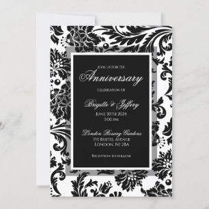 Convite Aniversário personalizado em damasco preto e branc