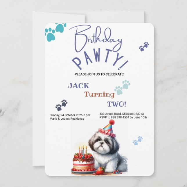 Convite Aniversário Personalizado Pawty Shih Tzu (Frente)
