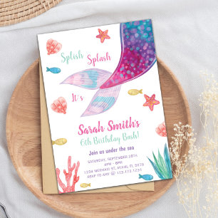 Convite Aniversário personalizável de Sereia Rosa-Rosa-Ros