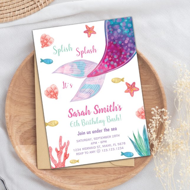 Convite Aniversário personalizável de Sereia Rosa-Rosa-Ros (Dark Pink Mermaid Tail Birthday Invitation)