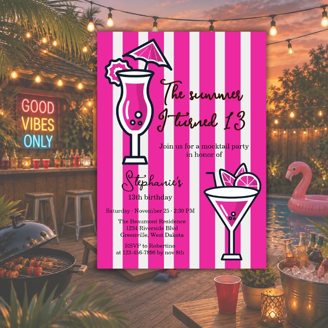 Convite Aniversário Pink The Summer I Turned 13 Mocktail (Criador carregado)