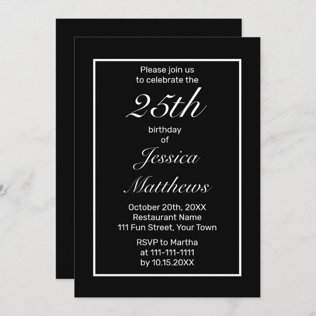 Convite Aniversário Preto Branco Minimalista Moderno (Frente/Verso)