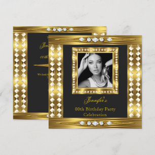 Convite Aniversário Preto Diamante Glam Ouro Foto Elegante
