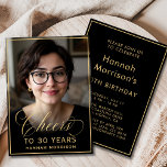 Convite Aniversário Preto e Dourado Anima 30 Anos Foto<br><div class="desc">Celebre o grande estilo de 3-0 com este convite de fotos de aniversário em preto e ouro. Apresentando um elegante roteiro dourado "Saúde a 30 Anos" design e sua foto personalizada, este convite moderno dá o tom para uma glamourosa celebração de marcos. A frente destaca a honra com uma tipografia...</div>