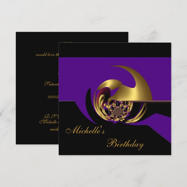 Convite Aniversário Preto e Roxo Dourado Abstrato (Frente/Verso)