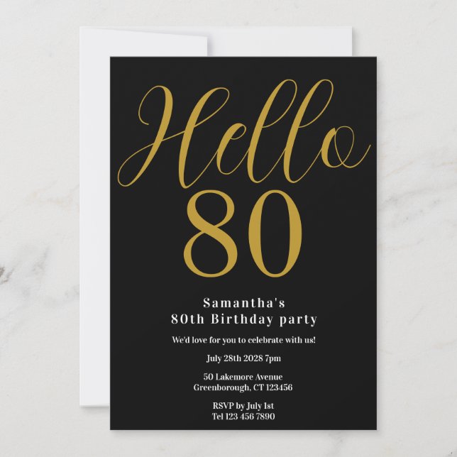 Convite Aniversário Preto Ouro Chic 80 Anos (Frente)