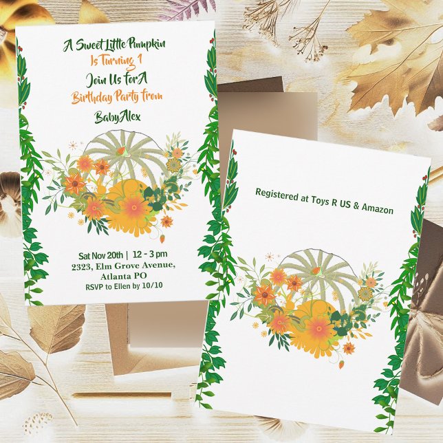 Convite Aniversário, Pumpkin Greenery Caiu Cores (Sweet Little Pumpkin Greenery Fall Colors Birthday Invitation)