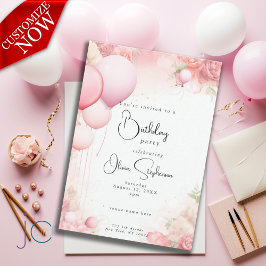 Convite Aniversário QR Aquarela Shabby Chic Rosa