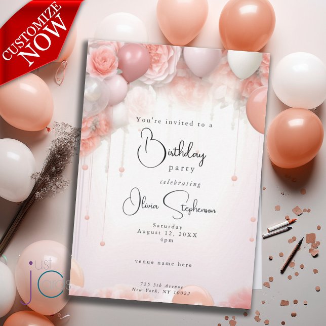 Convite Aniversário QR Coral Flores e Balões (text is easy to customize, available as a digital download )