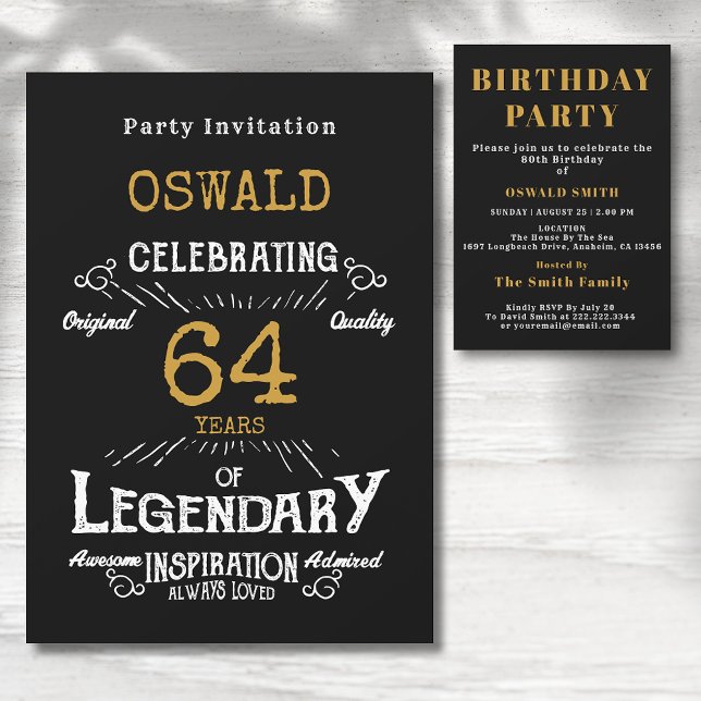 Convite Aniversário Qualquer Legendário Retrô Dourado Pret (Any age birthday party invitation. Retro black and gold  Legendary design.)