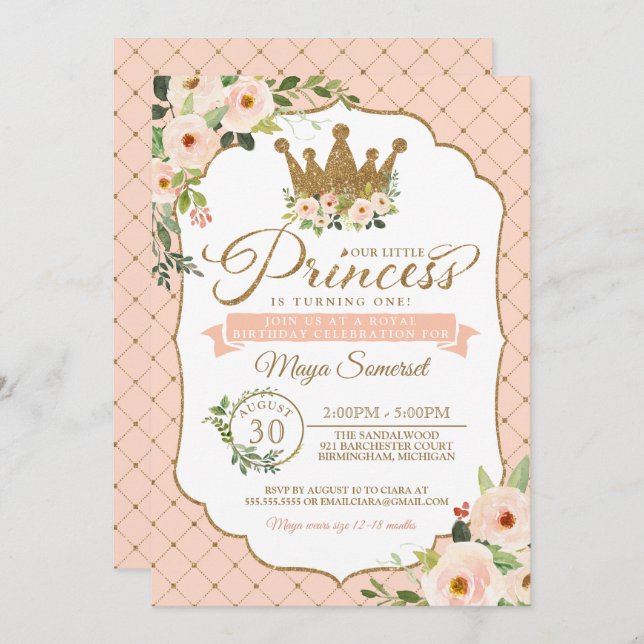 Convite Aniversário Real da Pequena Princesa Blush (Frente/Verso)