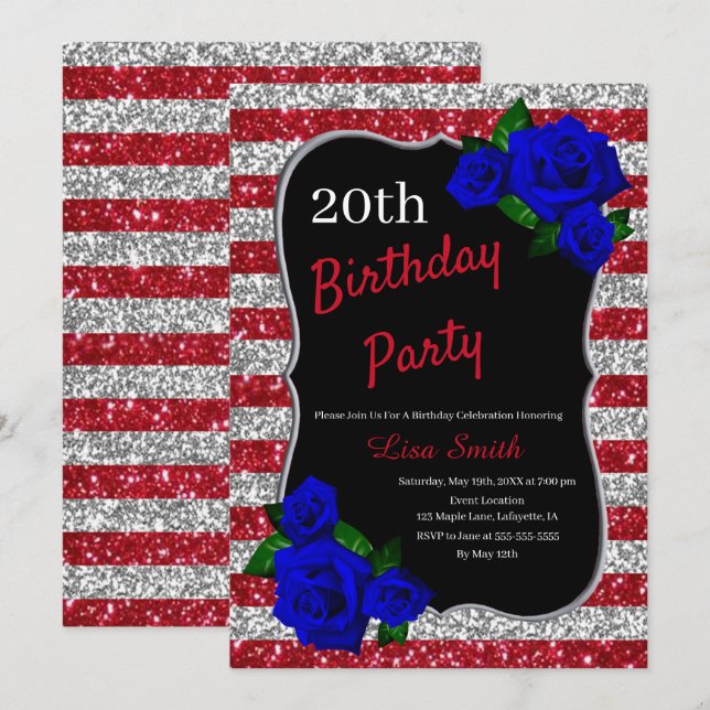 Convite Aniversário Red Silver Strike Glitter Rosa Azul Pr (Frente/Verso)