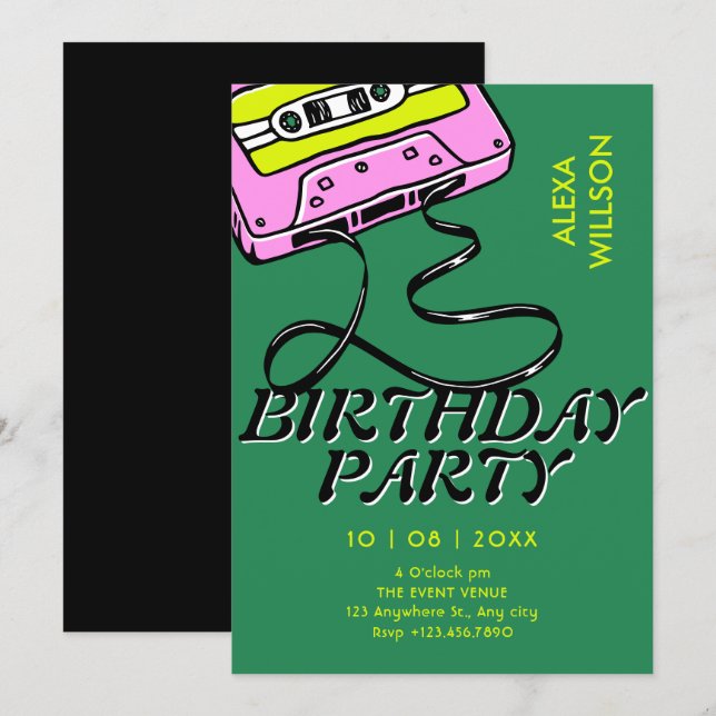 Convite Aniversário retro cassete (Frente/Verso)