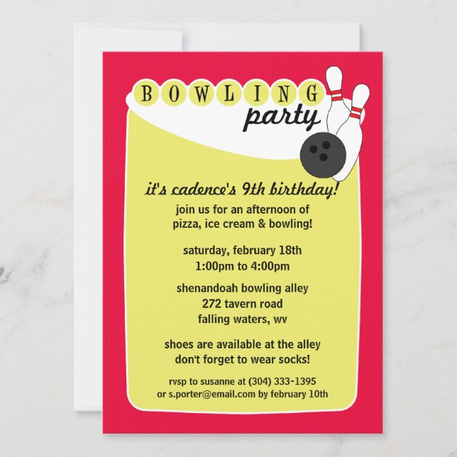 Convite Aniversário retro cor-de-rosa elétrico da boliche (Frente)