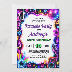 Convite Aniversário Retro de Karaoke Neon Colorido