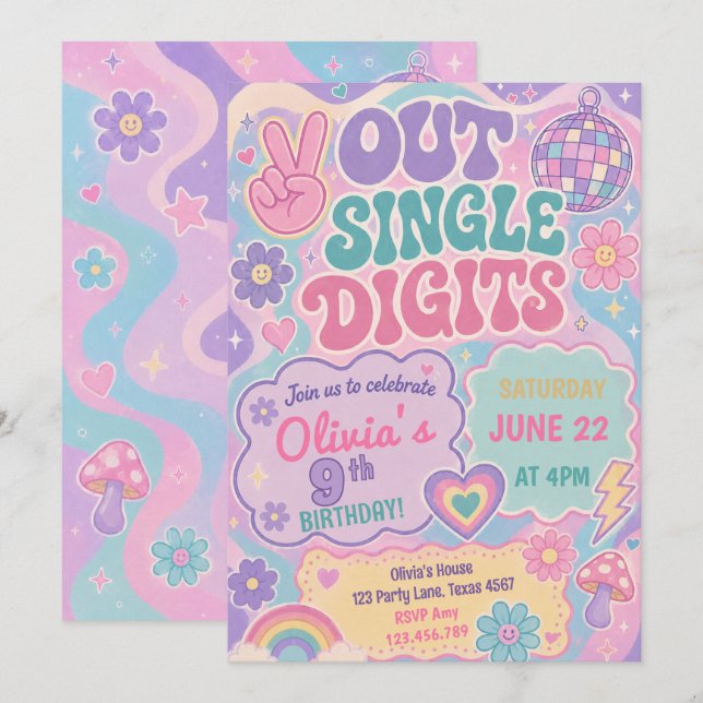 Convite Aniversário Retro Groovy de Paz Fora Dígitos Único (Frente/Verso)