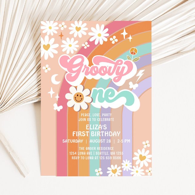 Convite Aniversário Retro Groovy ONE Daisy Arco-Íris Hippi (Criador carregado)