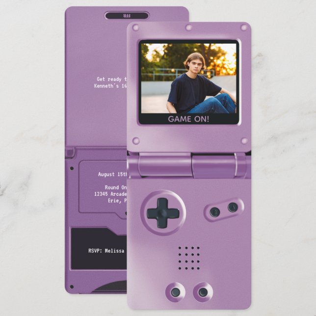 Convite Aniversário Retro Purple Handheld Gaming II (Frente/Verso)