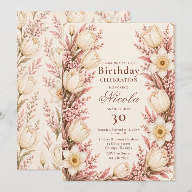 Convite Aniversário Rosa Bege e Champanhe (Frente/Verso)