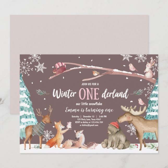 Convite Aniversário Rosa da Floresta Única de inverno (Frente/Verso)