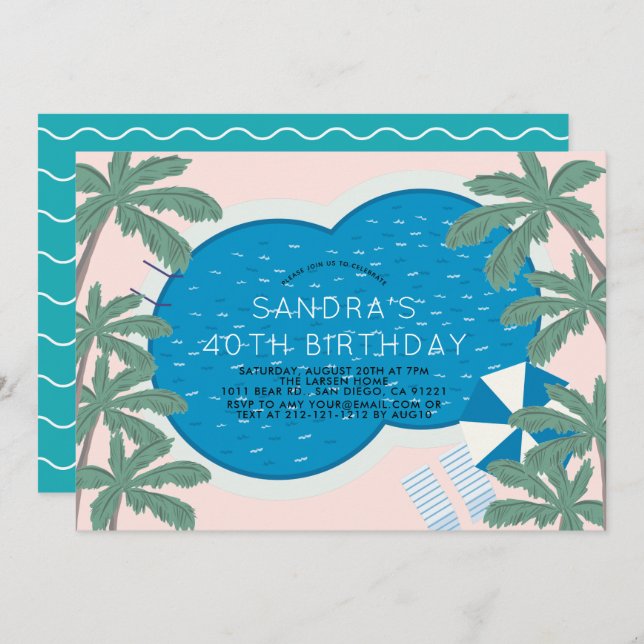 Convite Aniversário rosa do Partido da Piscina de Palm Pri (Frente/Verso)